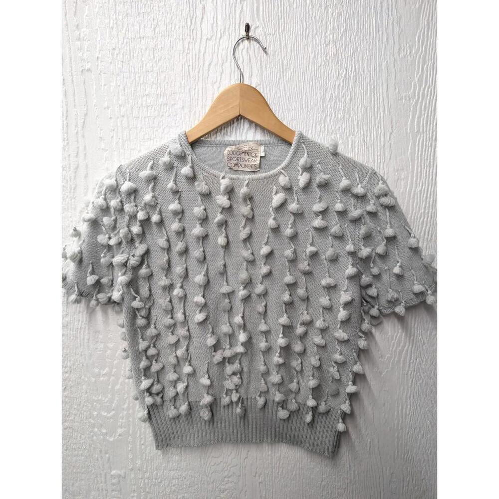 Vintage Dominick Sportswear 100% Wool Gray Pom Pom Short Sleeve Sweater Size L